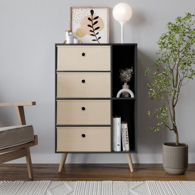 URBNLIVING 84cm Height 6 Section Black Wooden Storage Bookcase Scandinavian Style Pine Legs Beige Drawers