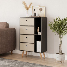 URBNLIVING 84cm Height Black 6 Section Wooden Storage Bookcase with Beech Legs Beige Drawers