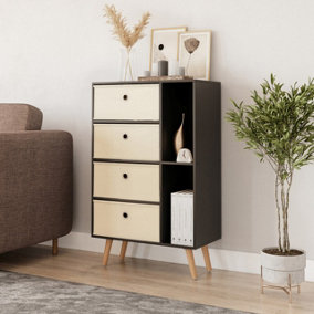 URBNLIVING 84cm Height Black 6 Section Wooden Storage Bookcase with Beech Legs Cream Drawers