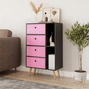 URBNLIVING 84cm Height Black 6 Section Wooden Storage Bookcase with Beech Legs Pink Drawers