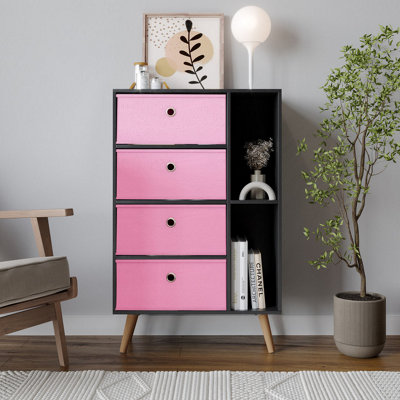 URBNLIVING 84cm Height Black 6 Section Wooden Storage Bookcase with Beech Legs Pink Drawers