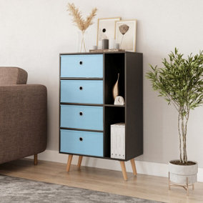 URBNLIVING 84cm Height Black 6 Section Wooden Storage Bookcase with Beech Legs Sky Blue Drawers