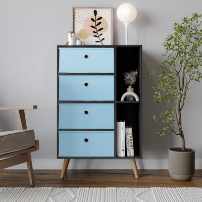 URBNLIVING 84cm Height Black 6 Section Wooden Storage Bookcase with Beech Legs Sky Blue Drawers