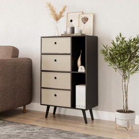 URBNLIVING 84cm Height Black 6 Section Wooden Storage Bookcase with Black Legs Beige Drawers