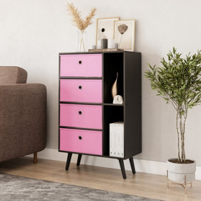 URBNLIVING 84cm Height Black 6 Section Wooden Storage Bookcase with Black Legs Pink Drawers