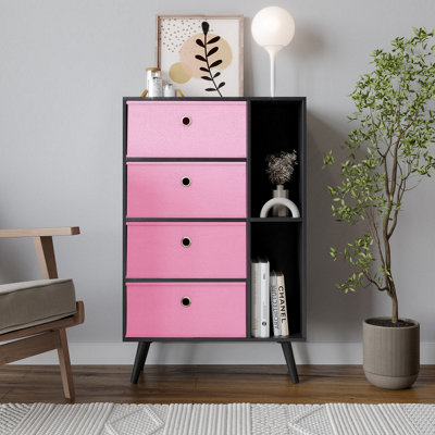 URBNLIVING 84cm Height Black 6 Section Wooden Storage Bookcase with Black Legs Pink Drawers