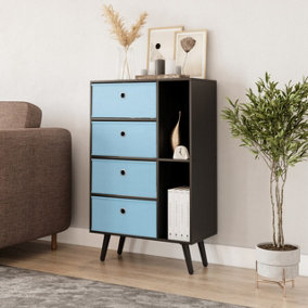 URBNLIVING 84cm Height Black 6 Section Wooden Storage Bookcase with Black Legs Sky Blue Drawers