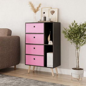 URBNLIVING 84cm Height Black 6 Section Wooden Storage Bookcase with Pine Legs Pink Drawers