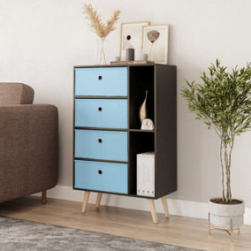 URBNLIVING 84cm Height Black 6 Section Wooden Storage Bookcase with Pine Legs Sky Blue Drawers