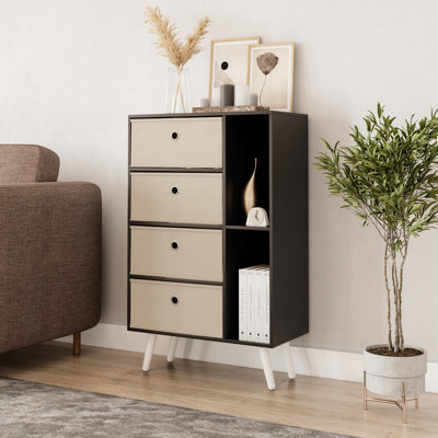 URBNLIVING 84cm Height Black 6 Section Wooden Storage Bookcase with White Legs Beige Drawers