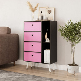URBNLIVING 84cm Height Black 6 Section Wooden Storage Bookcase with White Legs Pink Drawers