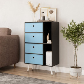 URBNLIVING 84cm Height Black 6 Section Wooden Storage Bookcase with White Legs Sky Blue Drawers