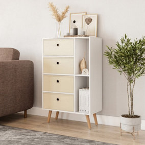 URBNLIVING 84cm Height White 6 Section Wooden Storage Bookcase with Beech Legs 4 Beige Drawers