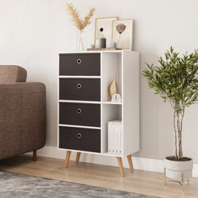 URBNLIVING 84cm Height White 6 Section Wooden Storage Bookcase with Beech Legs 4 Black Drawers