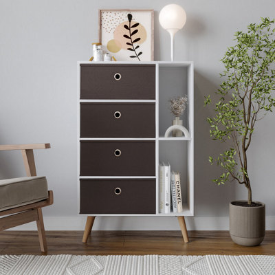 URBNLIVING 84cm Height White 6 Section Wooden Storage Bookcase with Beech Legs 4 Black Drawers