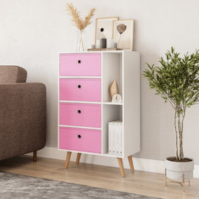 URBNLIVING 84cm Height White 6 Section Wooden Storage Bookcase with Beech Legs 4 Pink Drawers