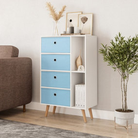 URBNLIVING 84cm Height White 6 Section Wooden Storage Bookcase with Beech Legs 4 Sky Blue Drawers