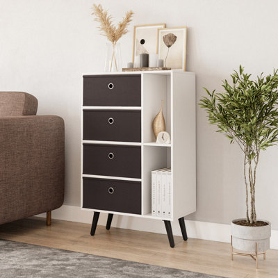 URBNLIVING 84cm Height White 6 Section Wooden Storage Bookcase with Black Legs 4 Black Drawers