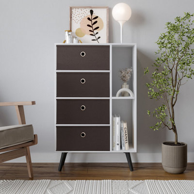 URBNLIVING 84cm Height White 6 Section Wooden Storage Bookcase with Black Legs 4 Black Drawers