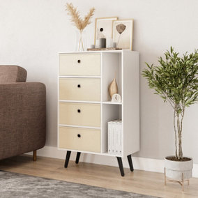 URBNLIVING 84cm Height White 6 Section Wooden Storage Bookcase with Black Legs 4 Off White Drawers