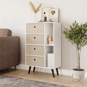 URBNLIVING 84cm Height White 6 Section Wooden Storage Bookcase with Black Legs Beige Drawers Bedroom Unit