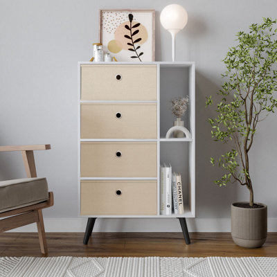 URBNLIVING 84cm Height White 6 Section Wooden Storage Bookcase with Black Legs Beige Drawers Bedroom Unit