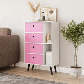 URBNLIVING 84cm Height White 6 Section Wooden Storage Bookcase with Black Legs Pink Drawers