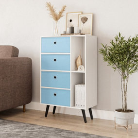 URBNLIVING 84cm Height White 6 Section Wooden Storage Bookcase with Black Legs Sky Blue Drawers