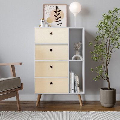 URBNLIVING 84cm Height White 6 Section Wooden Storage Bookcase with Pine Legs 4 Beige Drawers