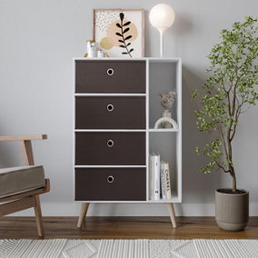 URBNLIVING 84cm Height White 6 Section Wooden Storage Bookcase with Pine Legs 4 Black Drawers