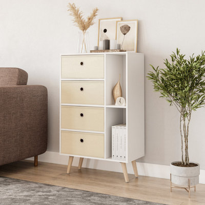 URBNLIVING 84cm Height White 6 Section Wooden Storage Bookcase with Pine Legs 4 Off White Drawers