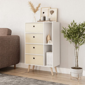 URBNLIVING 84cm Height White 6 Section Wooden Storage Bookcase with Pine Legs 4 Off White Drawers