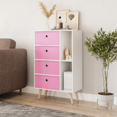 URBNLIVING 84cm Height White 6 Section Wooden Storage Bookcase with Pine Legs 4 Pink Drawers