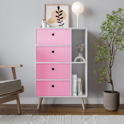 URBNLIVING 84cm Height White 6 Section Wooden Storage Bookcase with Pine Legs 4 Pink Drawers