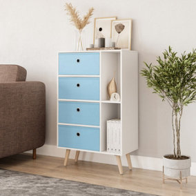 URBNLIVING 84cm Height White 6 Section Wooden Storage Bookcase with Pine Legs 4 Sky Blue Drawers