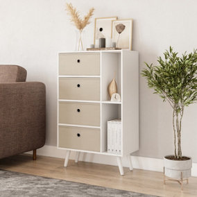 URBNLIVING 84cm Height White 6 Section Wooden Storage Bookcase with White Legs 4 Beige Drawers