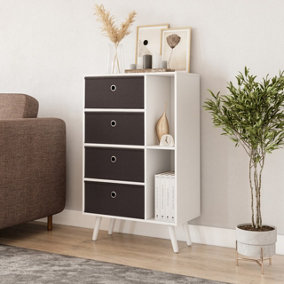 URBNLIVING 84cm Height White 6 Section Wooden Storage Bookcase with White Legs 4 Black Drawers