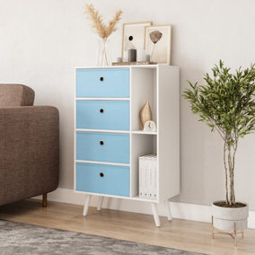 URBNLIVING 84cm Height White 6 Section Wooden Storage Bookcase with White Legs 4 Sky Blue Drawers