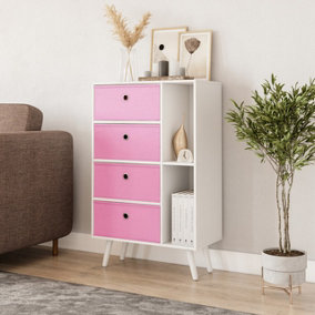 URBNLIVING 84cm Height White 6 Section Wooden Storage Bookcase with White Legs Pink Drawers