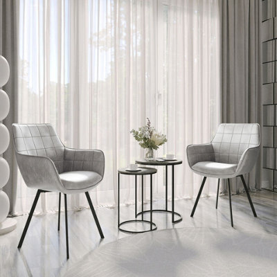 URBNLIVING 86cm Height Faux Leather Tub Dining Chairs Grid Stitching with Metal Legs Living Room, 2pcs Light Grey