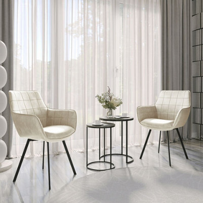 URBNLIVING 86cm Height Faux Leather Tub Dining Chairs Grid Stitching with Metal Legs Living Room, 2pcs Sand