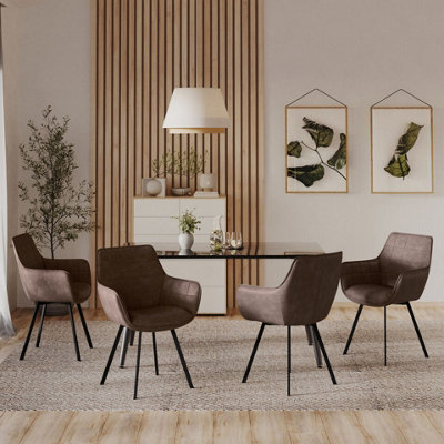 URBNLIVING 86cm Height Faux Leather Tub Dining Chairs Grid Stitching with Metal Legs Living Room, 4pcs Ebony