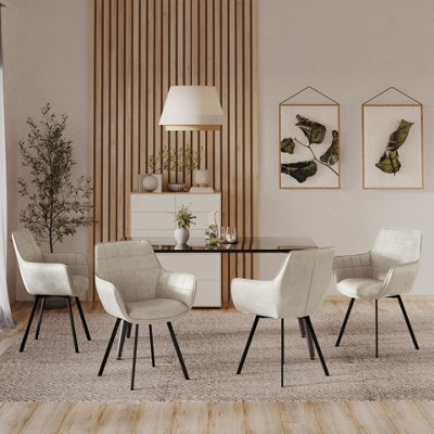 URBNLIVING 86cm Height Faux Leather Tub Dining Chairs Grid Stitching with Metal Legs Living Room, 4pcs Sand