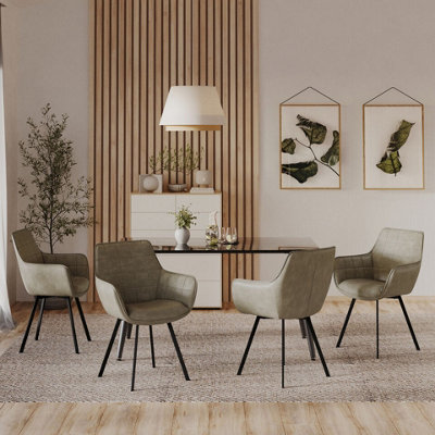URBNLIVING 86cm Height Faux Leather Tub Dining Chairs Grid Stitching with Metal Legs Living Room, 4pcs Siena