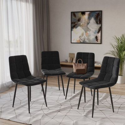 URBNLIVING 87cm Height Black Plush Velvet Padded Dining Chairs with Metal Legs Home Furniture 4 Pcs