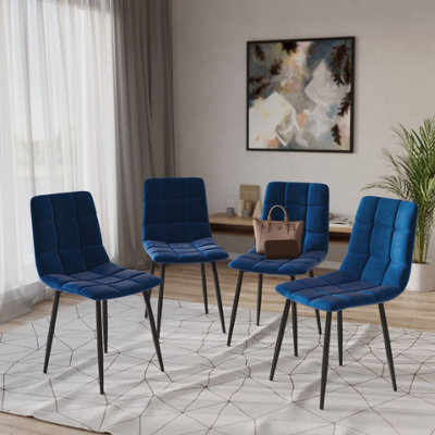 URBNLIVING 87cm Height Blue Plush Velvet Padded Dining Chairs with Metal Legs Home Furniture 4 Pcs