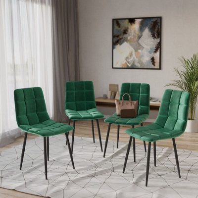 URBNLIVING 87cm Height Green Plush Velvet Padded Dining Chairs with Metal Legs Home Furniture 4 Pcs