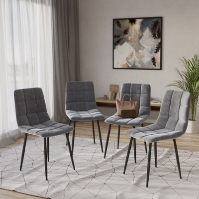 URBNLIVING 87cm Height Grey Plush Velvet Padded Dining Chairs with Metal Legs Home Furniture 4 Pcs