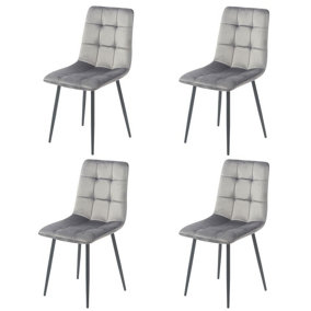 URBNLIVING 87cm Height Grey Plush Velvet Padded Dining Chairs with Metal Legs Home Furniture 4 Pcs