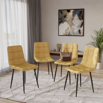 URBNLIVING 87cm Height Yellow Plush Velvet Padded Dining Chairs with Metal Legs Home Furniture 4 Pcs